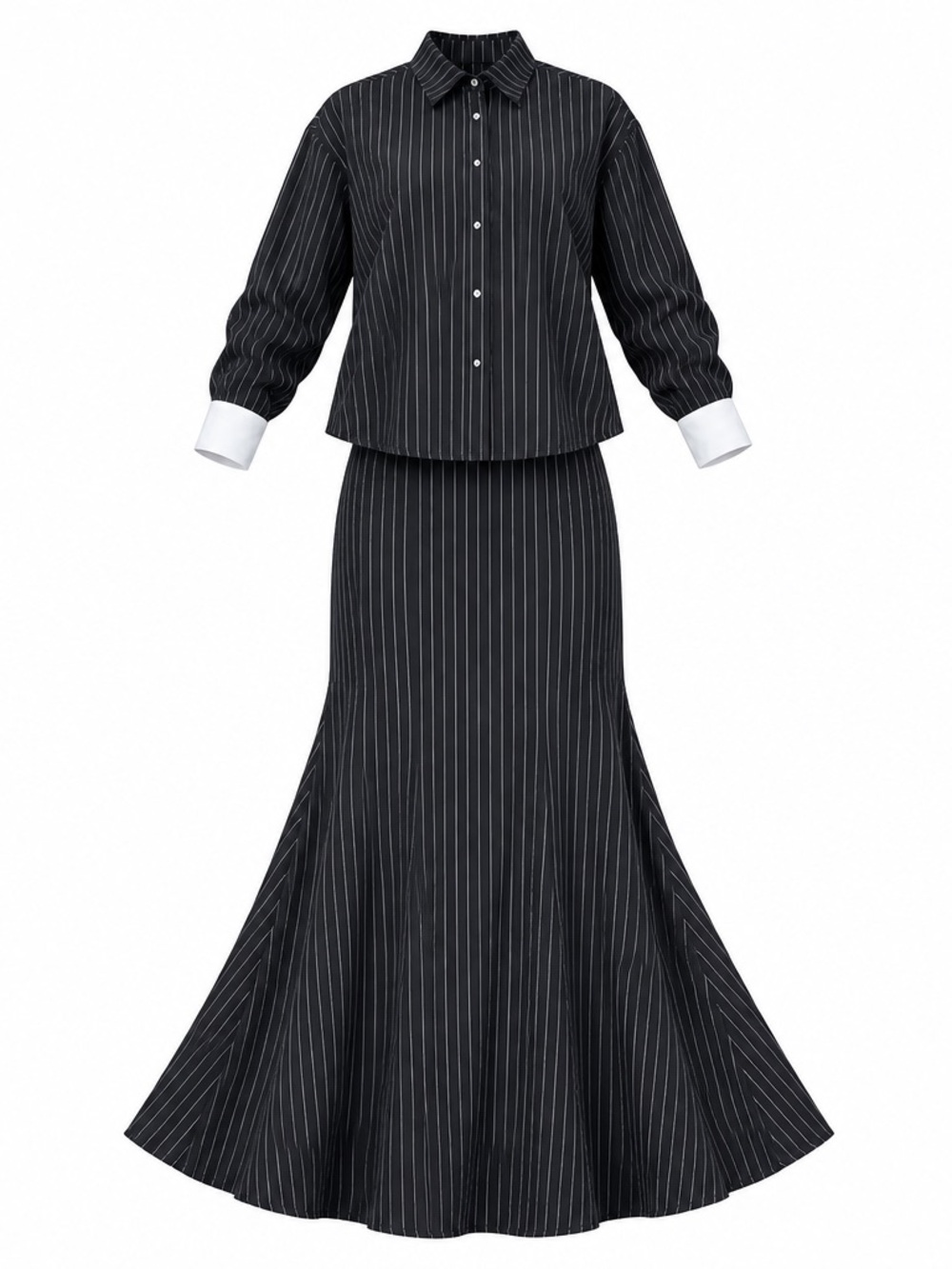 Elegant Women’s Set Black Pinstripe Maxi Skirt And Button Up Top Size S